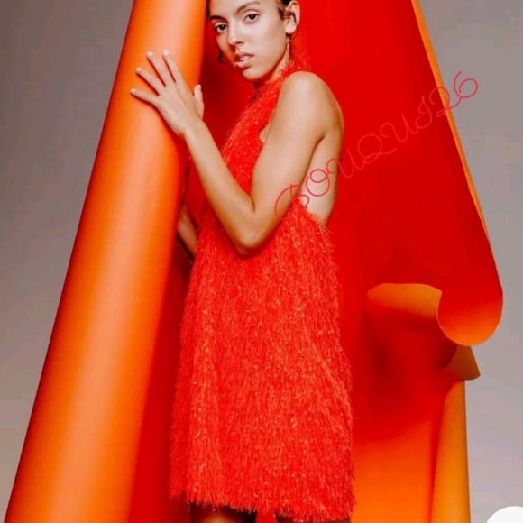 Women designer ZARA new $95 orange fringe bohemian halter mini dress size large - Picture 12 of 16